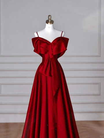 Robe de bal rouge satinée à épaules dénudées et nœud papillon, robe de soirée trapèze Y8626