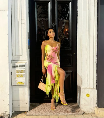 Vestido de noche largo de gasa con tirantes finos, cuentas degradadas en rosa y verde, con volantes, para fiesta o graduación Y8495