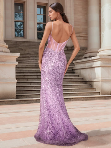Sparkly Sheer V-Neck Evening Dress With Split