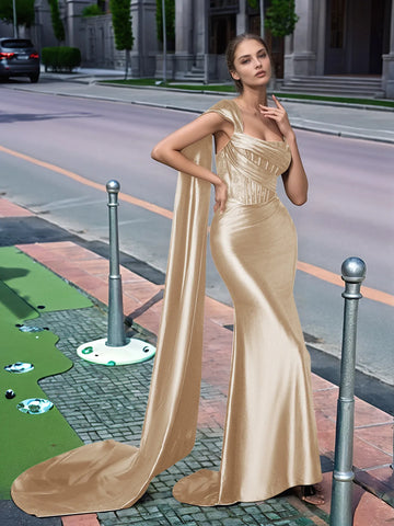 One Shoulder Lace Long Prom Dress With Drop Train