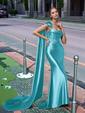 One Shoulder Lace Long Prom Dress With Drop Train