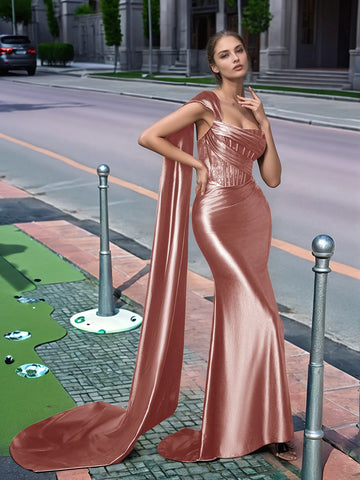 One Shoulder Lace Long Prom Dress With Drop Train