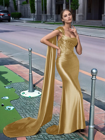 One Shoulder Lace Long Prom Dress With Drop Train