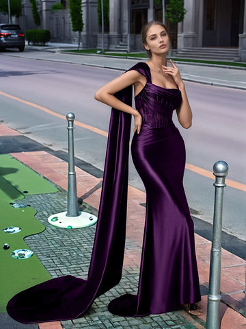 One Shoulder Lace Long Prom Dress With Drop Train