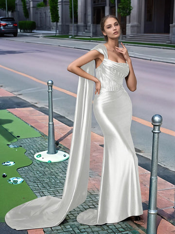 One Shoulder Lace Long Prom Dress With Drop Train