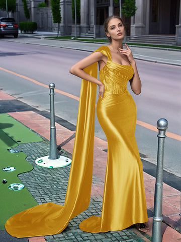 One Shoulder Lace Long Prom Dress With Drop Train