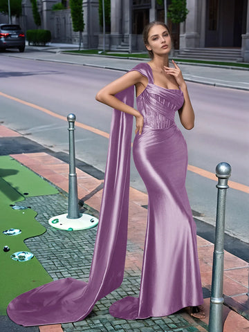 One Shoulder Lace Long Prom Dress With Drop Train