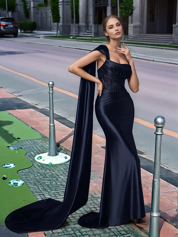 One Shoulder Lace Long Prom Dress With Drop Train