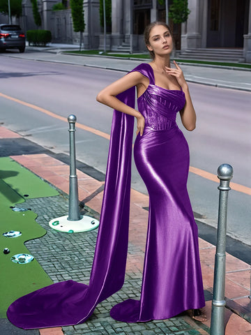 One Shoulder Lace Long Prom Dress With Drop Train