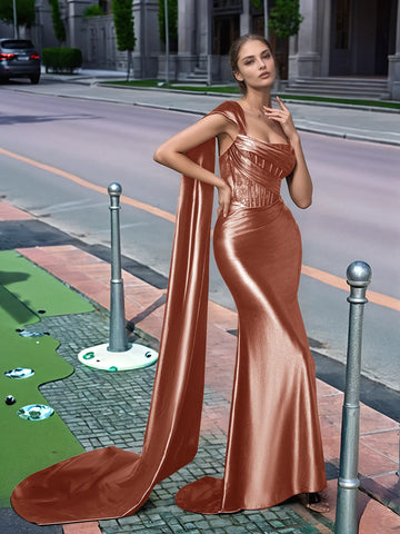 One Shoulder Lace Long Prom Dress With Drop Train