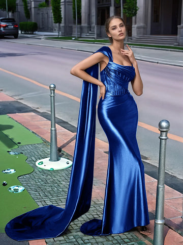 One Shoulder Lace Long Prom Dress With Drop Train