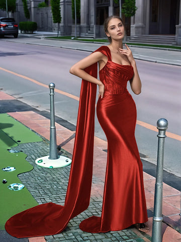 One Shoulder Lace Long Prom Dress With Drop Train