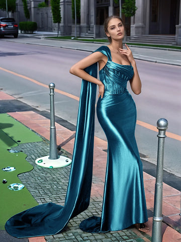 One Shoulder Lace Long Prom Dress With Drop Train