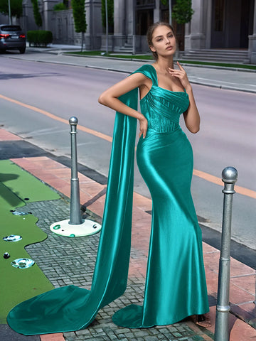 One Shoulder Lace Long Prom Dress With Drop Train