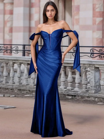 Off Shoulder Lace Up Bow Trumpet Prom Dress