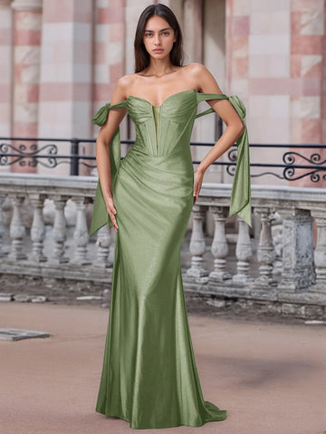 Off Shoulder Lace Up Bow Trumpet Prom Dress