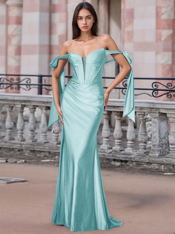 Off Shoulder Lace Up Bow Trumpet Prom Dress