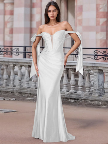 Off Shoulder Lace Up Bow Trumpet Prom Dress