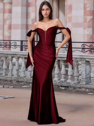 Off Shoulder Lace Up Bow Trumpet Prom Dress