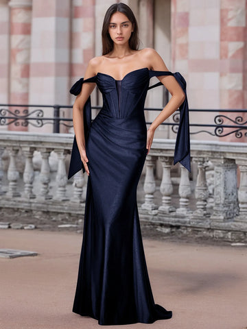 Off Shoulder Lace Up Bow Trumpet Prom Dress