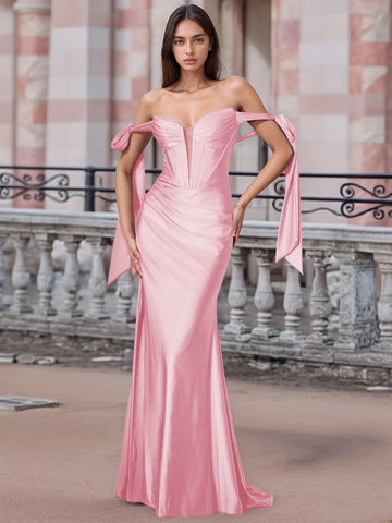 Off Shoulder Lace Up Bow Trumpet Prom Dress