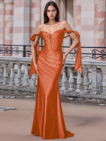 Off Shoulder Lace Up Bow Trumpet Prom Dress