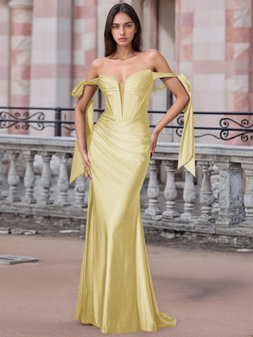 Off Shoulder Lace Up Bow Trumpet Prom Dress