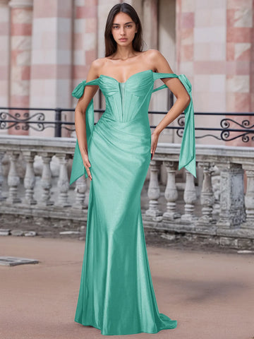 Off Shoulder Lace Up Bow Trumpet Prom Dress