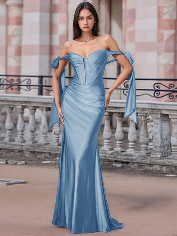Off Shoulder Lace Up Bow Trumpet Prom Dress