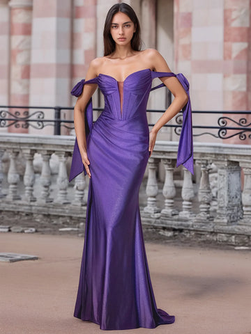 Off Shoulder Lace Up Bow Trumpet Prom Dress