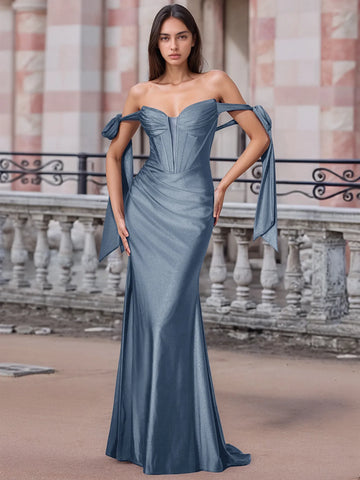 Off Shoulder Lace Up Bow Trumpet Prom Dress