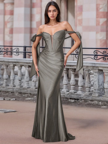 Off Shoulder Lace Up Bow Trumpet Prom Dress