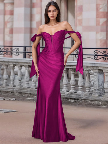 Off Shoulder Lace Up Bow Trumpet Prom Dress