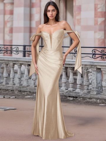 Off Shoulder Lace Up Bow Trumpet Prom Dress