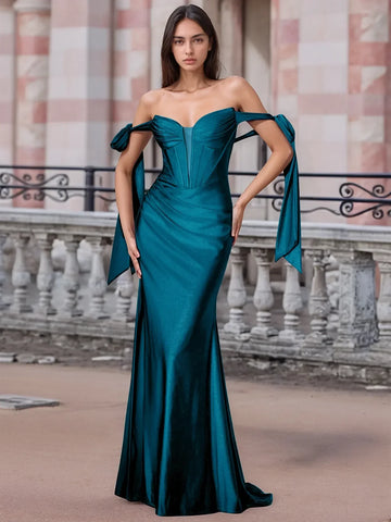 Off Shoulder Lace Up Bow Trumpet Prom Dress