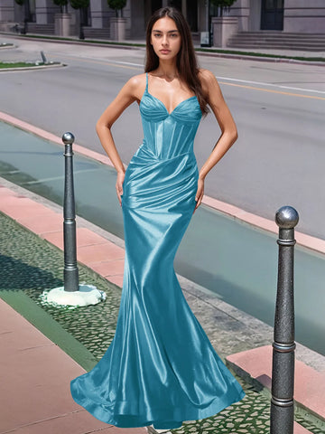 Pleated V-neck Boiced Mermaid Long Prom Dress