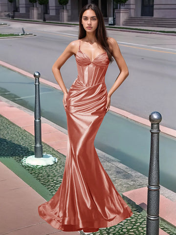 Pleated V-neck Boiced Mermaid Long Prom Dress