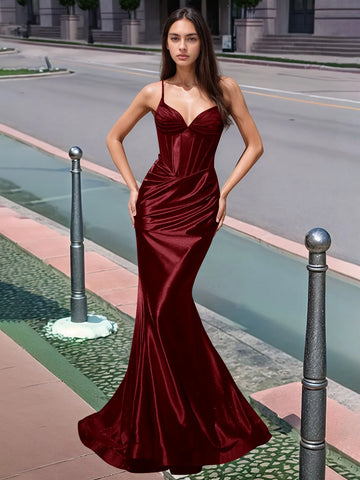 Pleated V-neck Boiced Mermaid Long Prom Dress