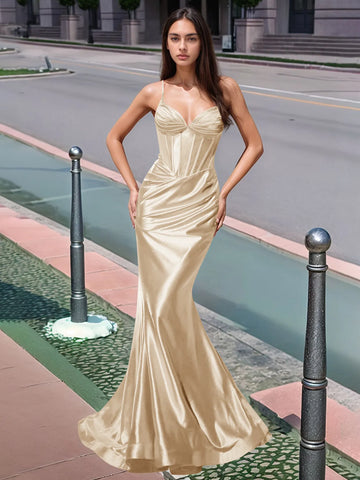 Pleated V-neck Boiced Mermaid Long Prom Dress