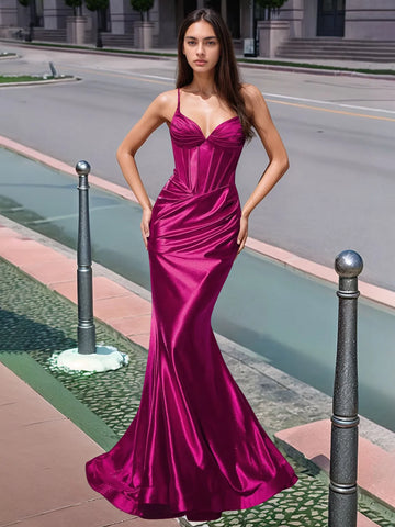 Pleated V-neck Boiced Mermaid Long Prom Dress