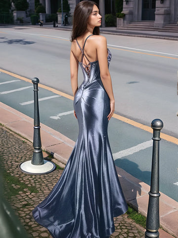 Pleated V-neck Boiced Mermaid Long Prom Dress