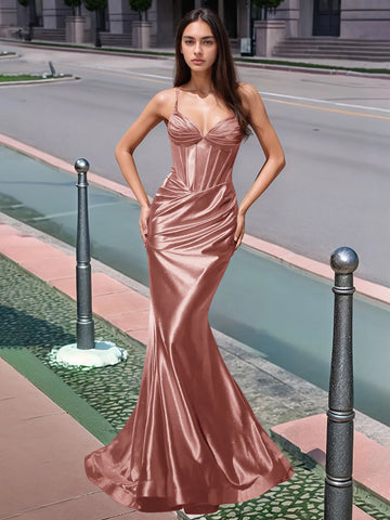 Pleated V-neck Boiced Mermaid Long Prom Dress