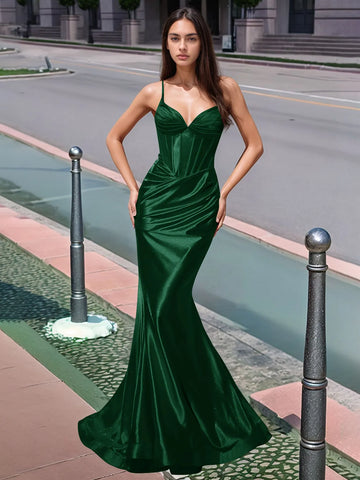 Pleated V-neck Boiced Mermaid Long Prom Dress