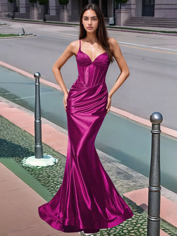 Pleated V-neck Boiced Mermaid Long Prom Dress