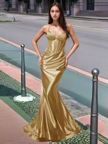 Pleated V-neck Boiced Mermaid Long Prom Dress