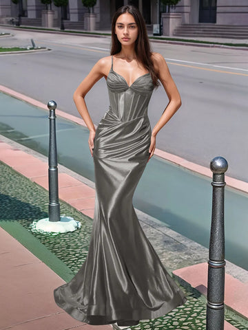 Pleated V-neck Boiced Mermaid Long Prom Dress