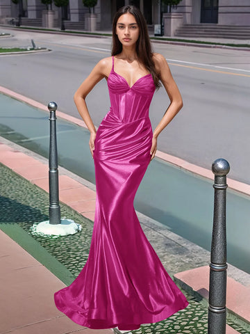 Pleated V-neck Boiced Mermaid Long Prom Dress