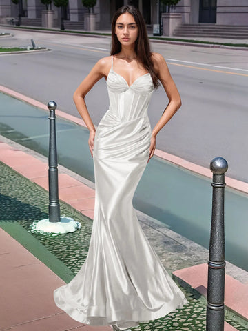 Pleated V-neck Boiced Mermaid Long Prom Dress