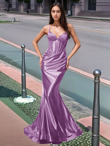 Pleated V-neck Boiced Mermaid Long Prom Dress