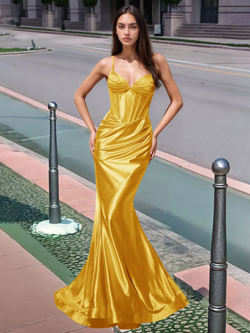 Pleated V-neck Boiced Mermaid Long Prom Dress